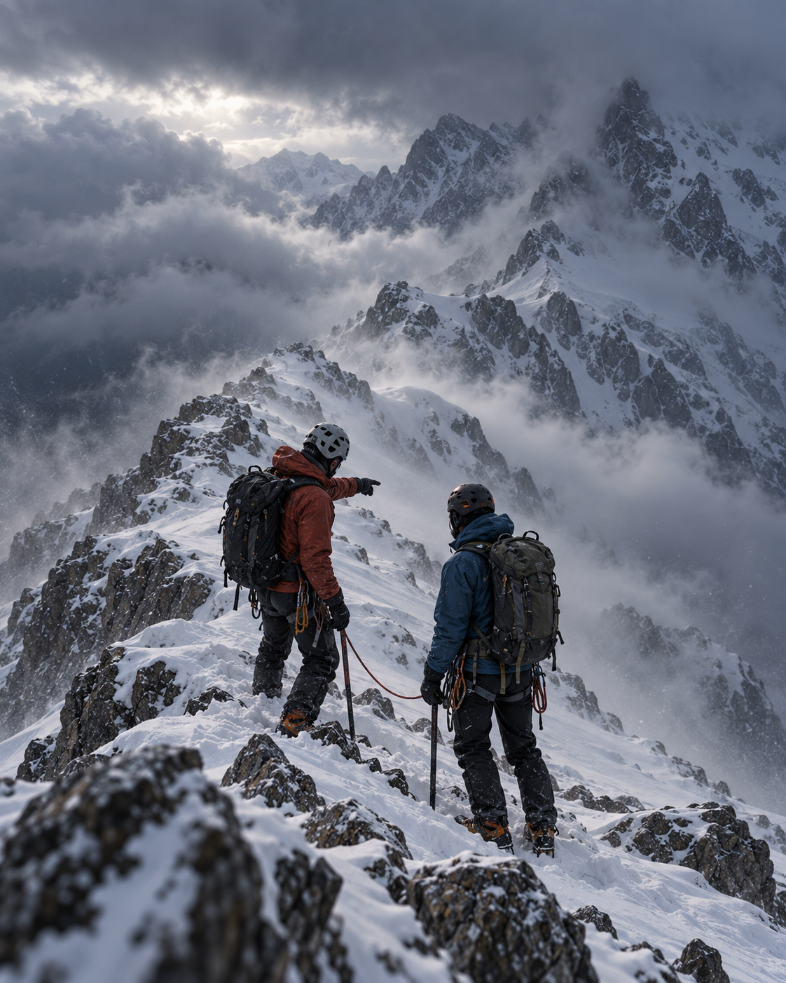 Two roped mountaineers assessing their route in uncertain weather