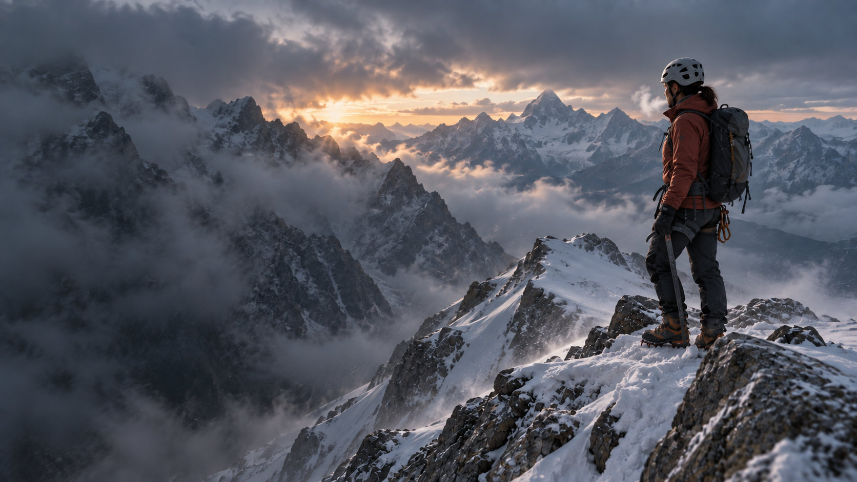 Female mountaineer pausing on a high alpine ridge