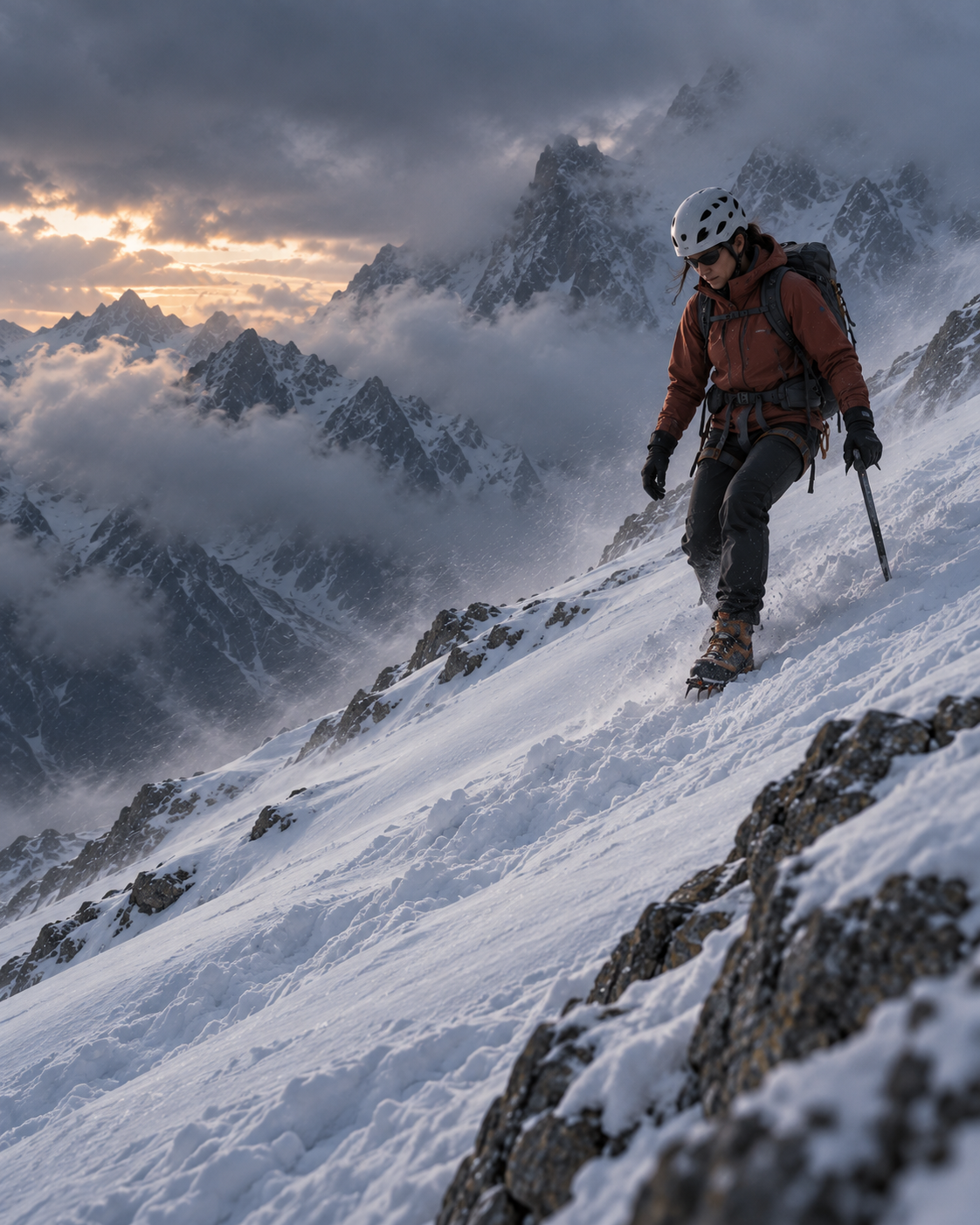 Female mountaineer descending deliberately from a snowy ridge